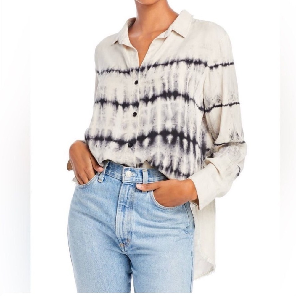 Bella‎ Dahl Women Medium Tie Dye Stripe Tencel Button Down Shirt Sand Navy Blue